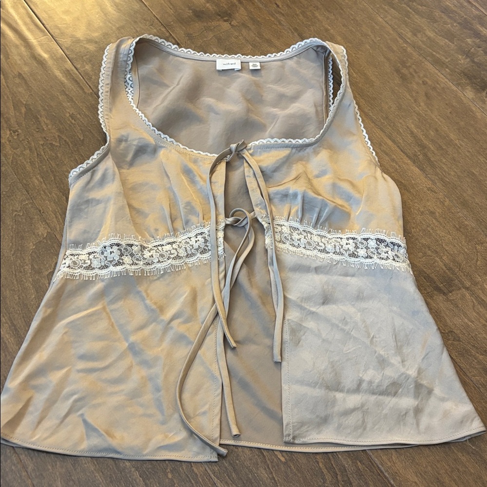 Wilfred Aritzia Tan Lace-Trimmed Tie-Front Satin Chemise Camisole size XXS